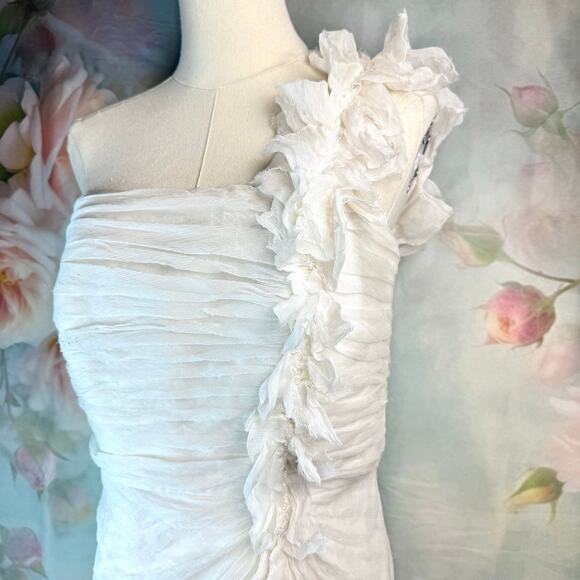 Tadashi Shoji White One Shoulder 100% Silk Beaded Floral Pleated Dress - Picture 2 of 9